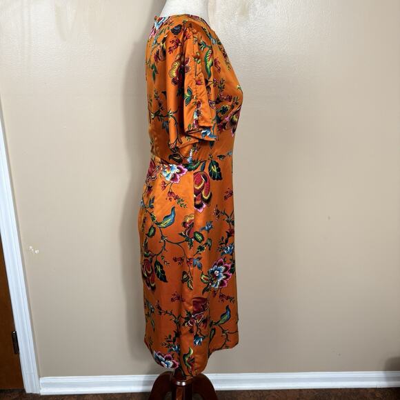 Ann Taylor Factory Orange Satin Floral Midi Dress SIze 2 Romantic Cottagecore - Picture 7 of 12